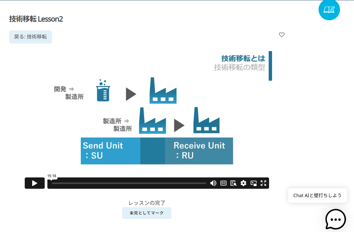 GMP Meister Academyの講義動画とAI Chatを表示した学習画面
